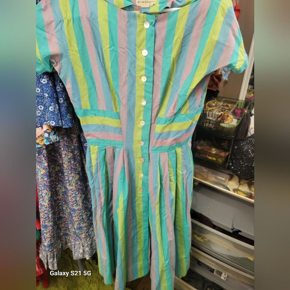 Vintage 1960s Detrano Pastel Striped button-up dress